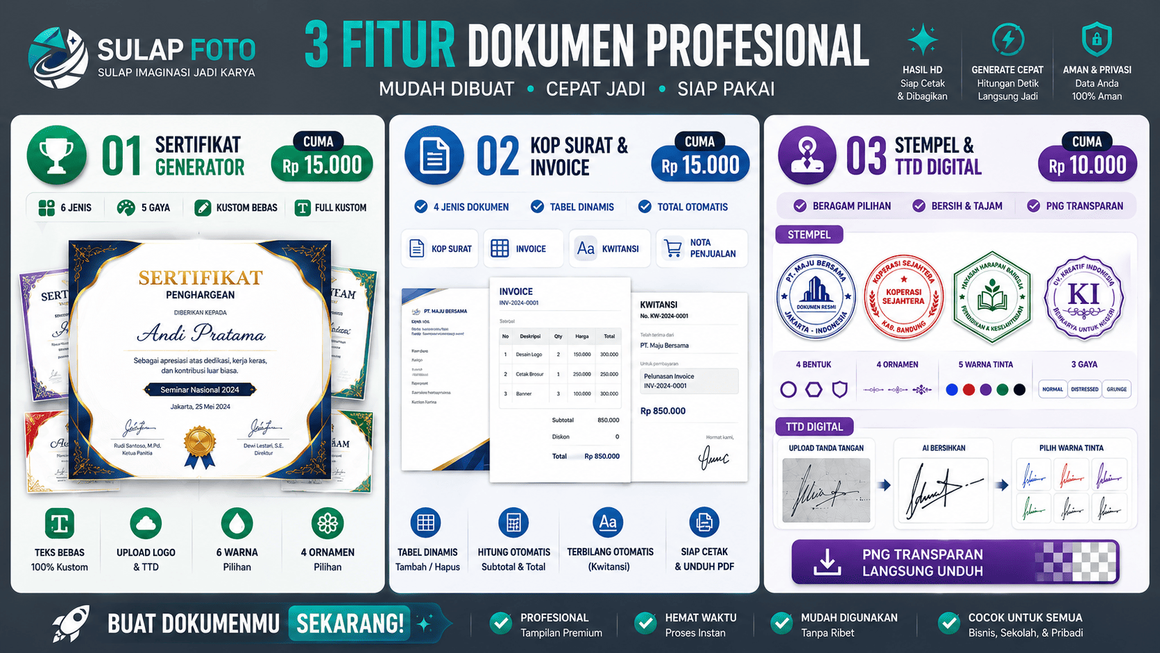 3 Fitur Dokumen Profesional: Sertifikat, Kop Surat & Invoice, Stempel & TTD